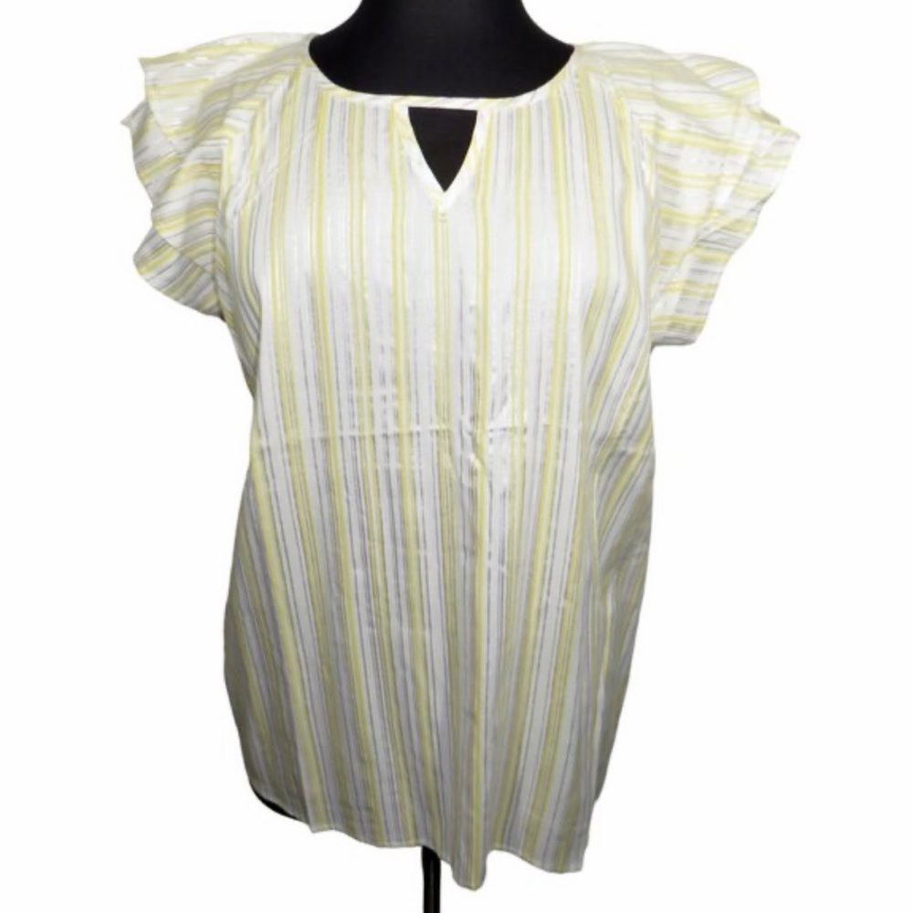 Louise Paris Petite Yellow White Striped Flutter Sleeve Blouse PXL Silver Lurex